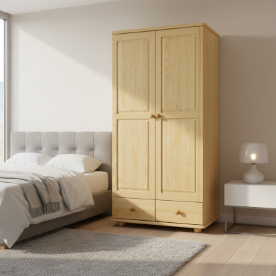 Armario de madera con perchero para ropa en dormitorio. Muebles de madera maciza.