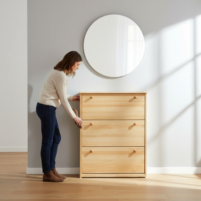 Mueble para zapatos, cómoda hecha a mano, cómoda para el vestíbulo de madera con 3 compartimentos.