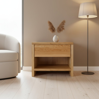 Mesa de noche con 1 cajón de madera maciza, estante consola de roble.