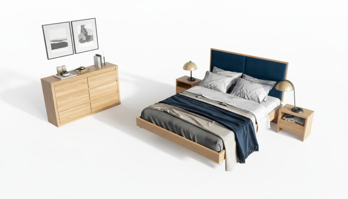 Conjunto de dormitorio de 3 piezas con cama de madera maciza y 2 mesitas de noche. Los dos juegos de camas son de madera auténtica.