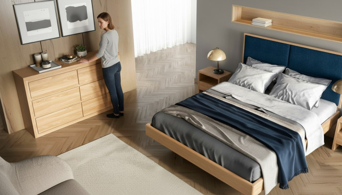 Conjunto de dormitorio de 4 piezas. Cama de 2 mesitas de noche y cómoda de madera maciza, nuevo.