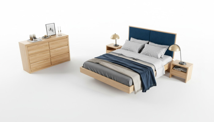 Conjunto de dormitorio de 4 piezas. Cama de 2 mesitas de noche y cómoda de madera maciza, nuevo.