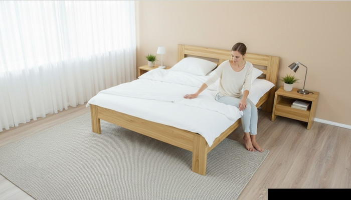 Dormitorio Conjunto de muebles Cama Madera maciza Mesillas de noche 2 camas Madera real 3 piezas.