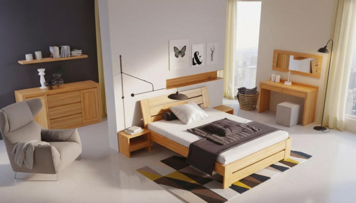 Conjunto de muebles de dormitorio de 3 piezas. Cama de madera maciza con 2 mesitas de noche de madera auténtica.