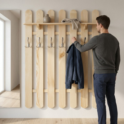 Armario con 7 ganchos, panel de pared de madera maciza para el pasillo.
