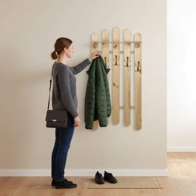 Perchero de pared hecho a mano de madera de pino macizo Armario con 5 ganchos