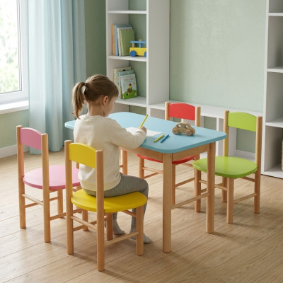 Conjunto de sillas para la habitación de niños, juego de asientos de madera maciza de 5 piezas. Grupo de asientos taburete.