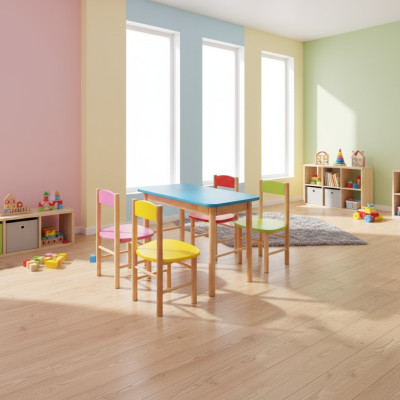 Conjunto de sillas para la habitación de niños, juego de asientos de madera maciza de 5 piezas. Grupo de asientos taburete.