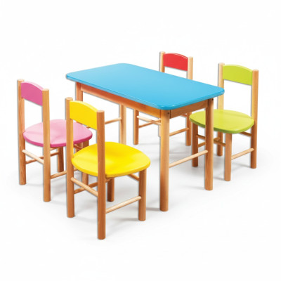 Conjunto de sillas para la habitación de niños, juego de asientos de madera maciza de 5 piezas. Grupo de asientos taburete.