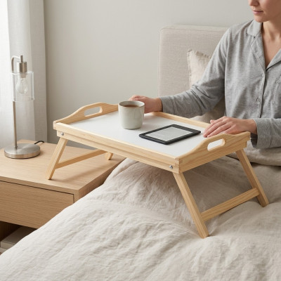 Mesa de desayuno de madera Mesa portátil de madera auténtica Mesa auxiliar de madera auténtica Bandeja de madera auténtica