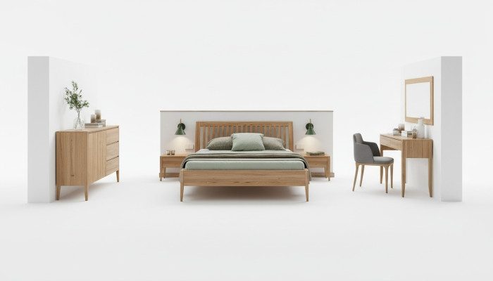 Conjunto de dormitorio de madera real de 6 piezas: 2 mesitas de noche, tocador, cómoda, espejo.