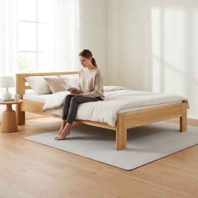 Camas Cama de madera Madera real Cama Hotel Diseño Estilo macizo 120x200 Dormitorio