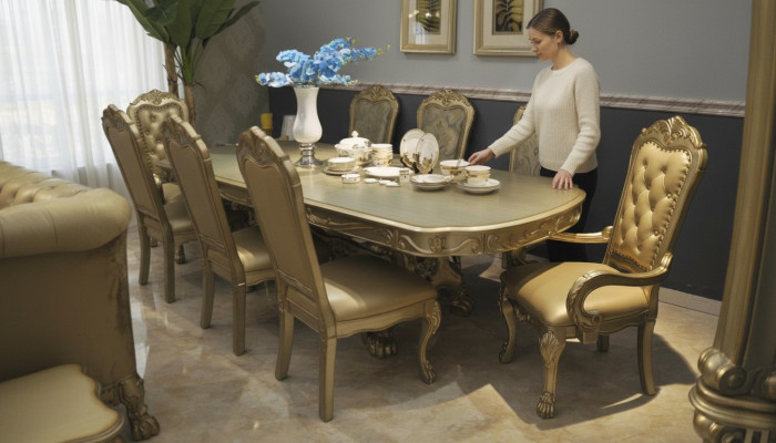 Mesa de comedor real con 6 sillas Conjunto completo de decoración para comedor de 7 piezas.