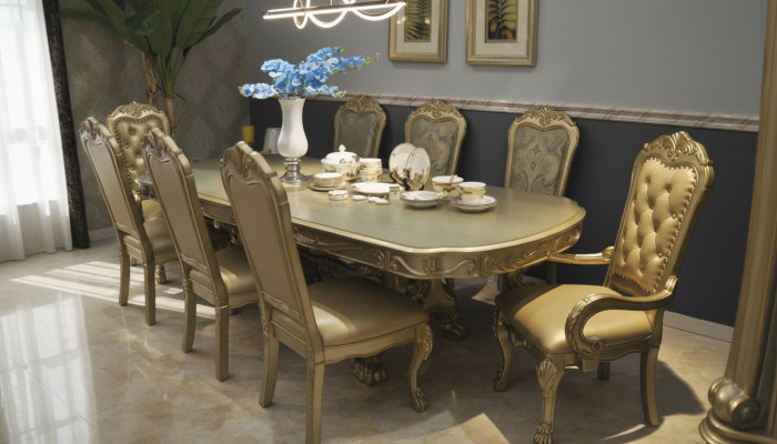 Mesa de comedor real con 6 sillas Conjunto completo de decoración para comedor de 7 piezas.