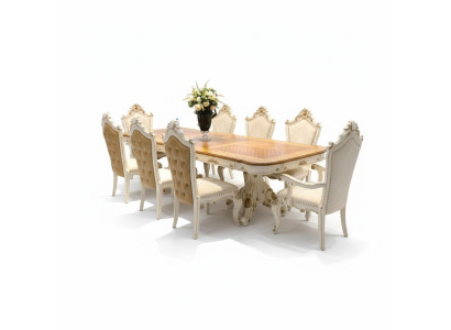 Conjunto de comedor blanco y marrón. Gran mesa de comedor con sillas de cuero.