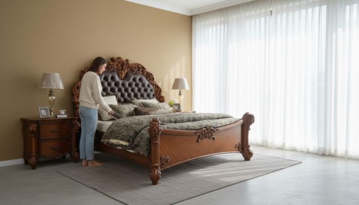 Juego de dormitorio Cama + 2 mesitas de noche Chesterfield madera cuero camas tapizadas.
