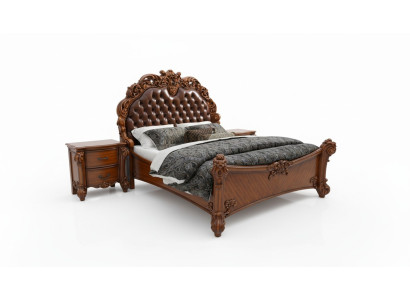 Juego de dormitorio Cama + 2 mesitas de noche Chesterfield madera cuero camas tapizadas.