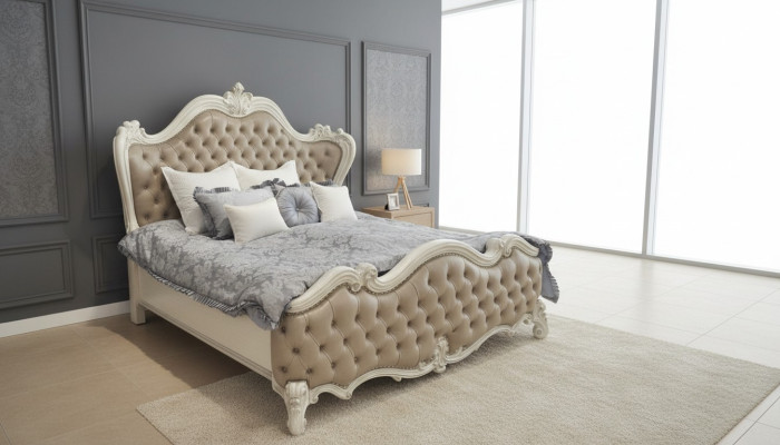 Lujo. Dormitorio clásico de 4 piezas. Cama, mesitas de noche, armario.