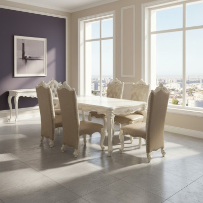 Juego de comedor barroco-rococó Mesa de comedor x6 Sillas de cuero Chesterfield