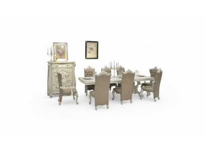 Conjunto de comedor en blanco antiguo Mesa de comedor grande con sillas de cuero Chesterfield.