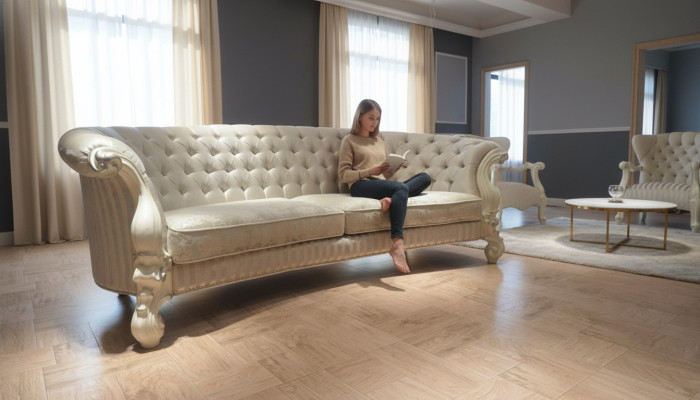 Sofá de 4 plazas, diseño de sofá Chesterfield tapizado en cuero y textil.