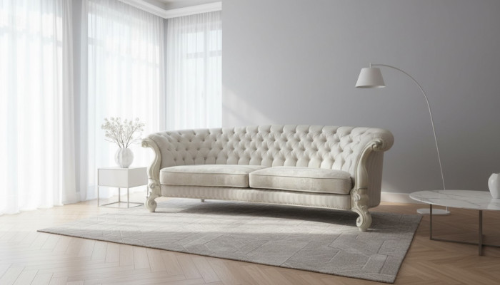 Sofá de 4 plazas, diseño de sofá Chesterfield tapizado en cuero y textil.