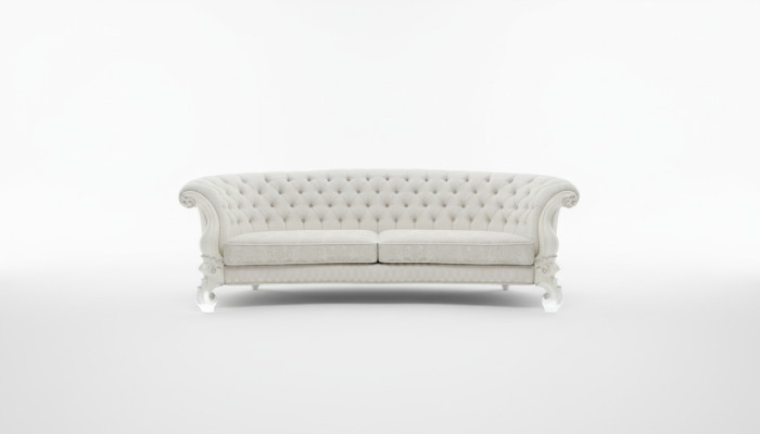 Sofá de 4 plazas, diseño de sofá Chesterfield tapizado en cuero y textil.