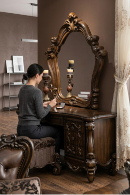 Muebles de tocador de tocador barroco tallados Taburete Espejo Cómoda de dormitorio 3 piezas