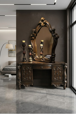 Muebles de tocador de tocador barroco tallados Taburete Espejo Cómoda de dormitorio 3 piezas