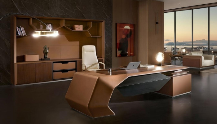 Conjunto completo de muebles de oficina para diseñadores: estante, mesa y armario.