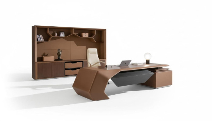 Conjunto completo de muebles de oficina para diseñadores: estante, mesa y armario.