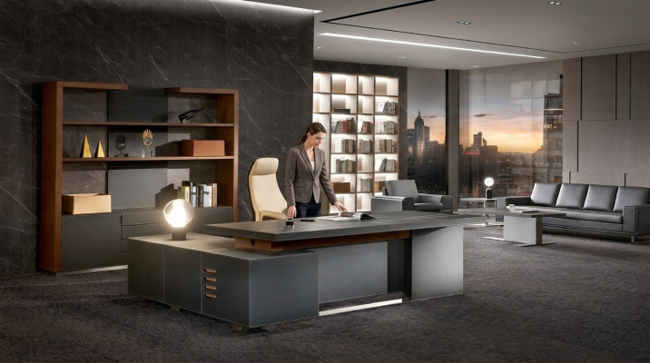 Escritorio de cuero, mesas de oficina de diseñador, mobiliario de mesa, muebles, silla.