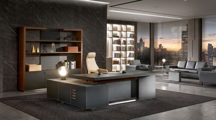 Escritorio de cuero, mesas de oficina de diseñador, mobiliario de mesa, muebles, silla.
