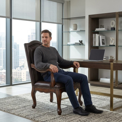 Silla de oficina de lujo, silla de jefe nueva, sillón de diseñador de cuero de madera.