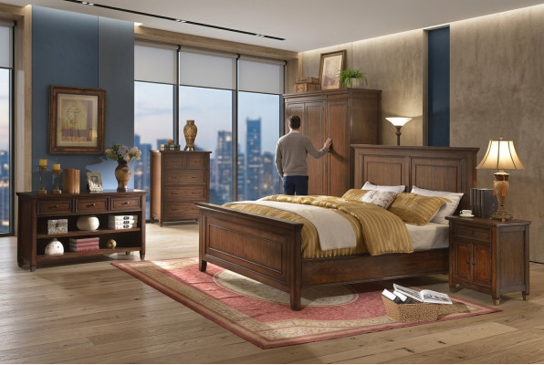 Diseño de cama doble de hotel de lujo de madera para habitación matrimonial.
