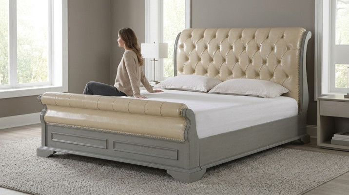 Cama doble de diseño Chesterfield en gris 180x200, cama tapizada de cuero.