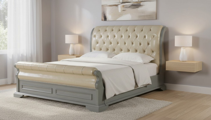 Cama doble de diseño Chesterfield en gris 180x200, cama tapizada de cuero.