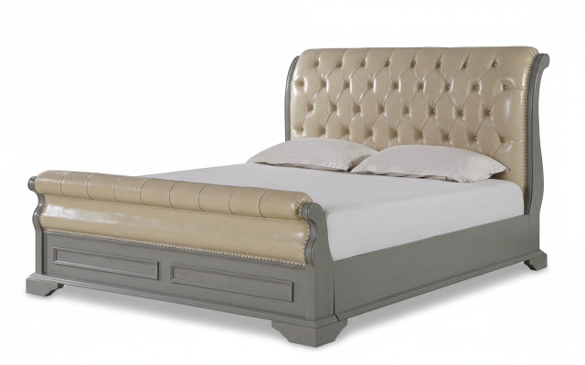 Cama doble de diseño Chesterfield en gris 180x200, cama tapizada de cuero.