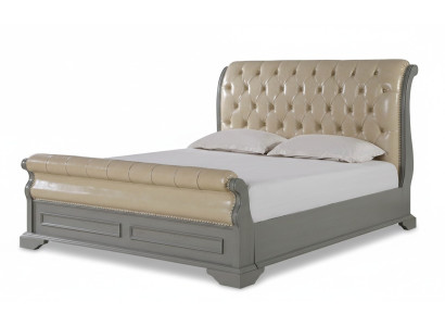 Cama doble de diseño Chesterfield en gris 180x200, cama tapizada de cuero.