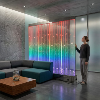 Panel de pared con burbujas de agua. Fuente de agua decorativa con luces LED. Diseño de pared de agua.