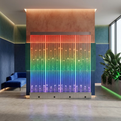 Panel de pared con burbujas de agua. Fuente de agua decorativa con luces LED. Diseño de pared de agua.