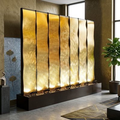Pared de agua grande decorativa de acero inoxidable con iluminación LED, fabricada a medida.