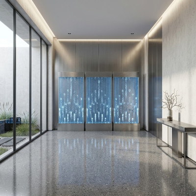 Pared de agua moderna con iluminación LED.