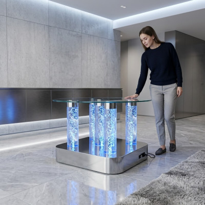 Diseño de mesa de columna de agua, mesa de centro de columna de agua, mesas de sofá de agua LED.