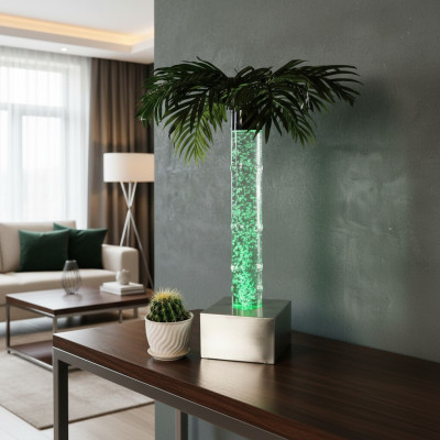 Diseño de LED de columna de agua de burbujas de 60 cm con iluminación de columna de agua de mesa de palmera planta.