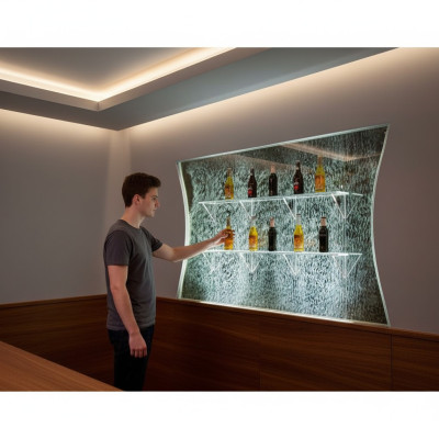 Diseño de estantería iluminada con LED con pared de agua columna de estantes de agua.