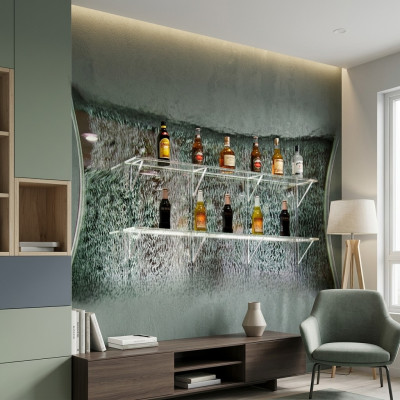 Diseño de estantería iluminada con LED con pared de agua columna de estantes de agua.
