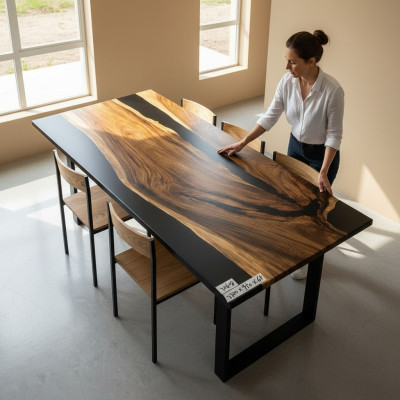 Mesa de comedor de diseño de lujo de resina epoxi River Table de madera maciza real.