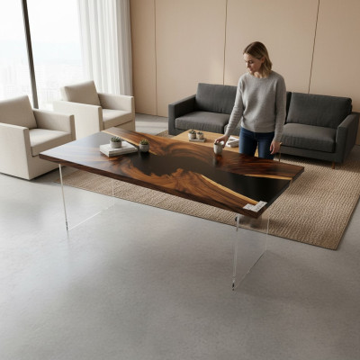 Resina epoxi Mesa de comedor de madera natural Muebles sólidos Mesa de resina en cascada