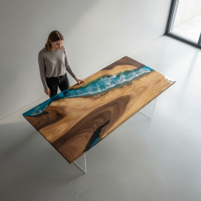 Mesa de comedor River Table de madera maciza 160x81 Mesa de río Mar Cascada de agua.